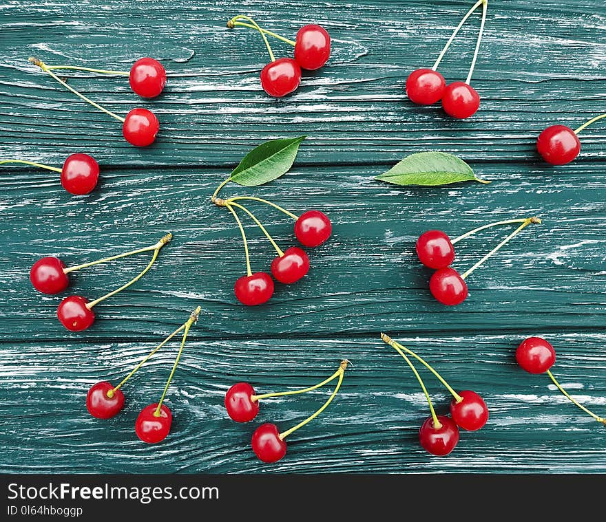 Cherry Pattern On A Wooden Background Summer