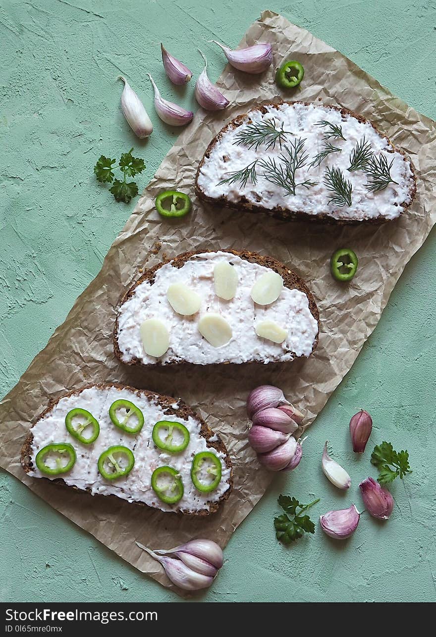 Snacks With Rye Bread And Garlic Sauce.