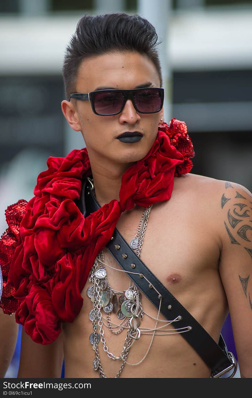 Topless Man Wearing Black Framed Sunglasses