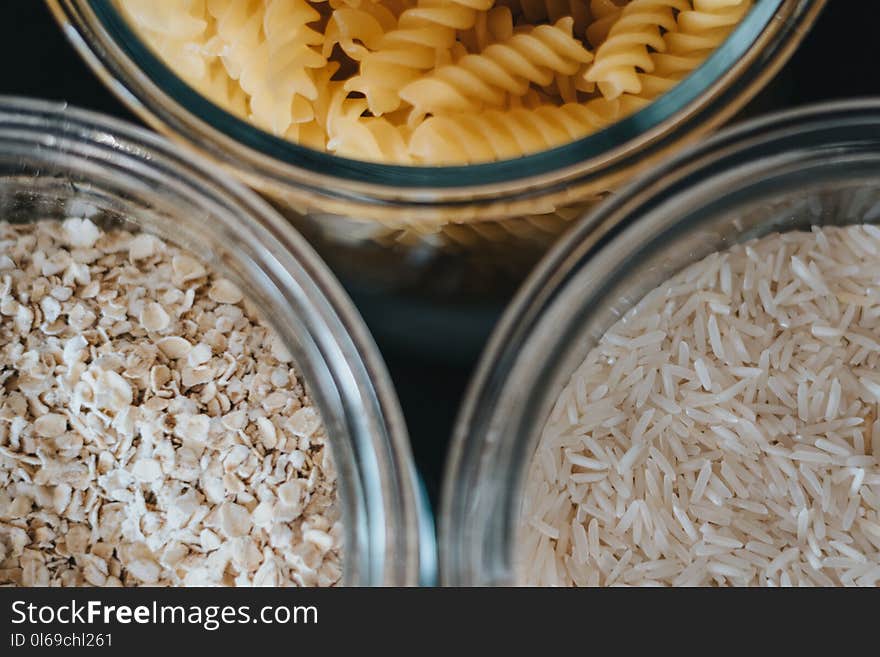 Three Clear Glass Jars with cereals