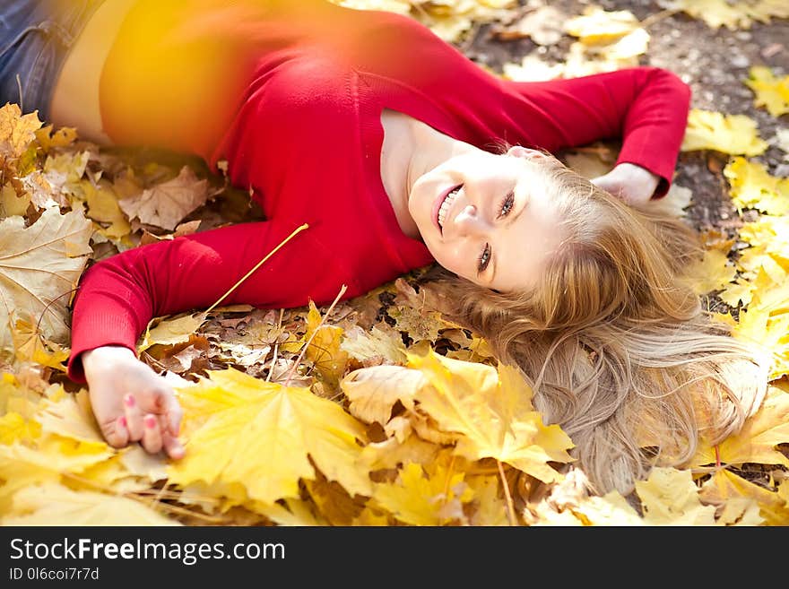 Golden Autumn Leaves, Beautiful Blonde Hair Woman