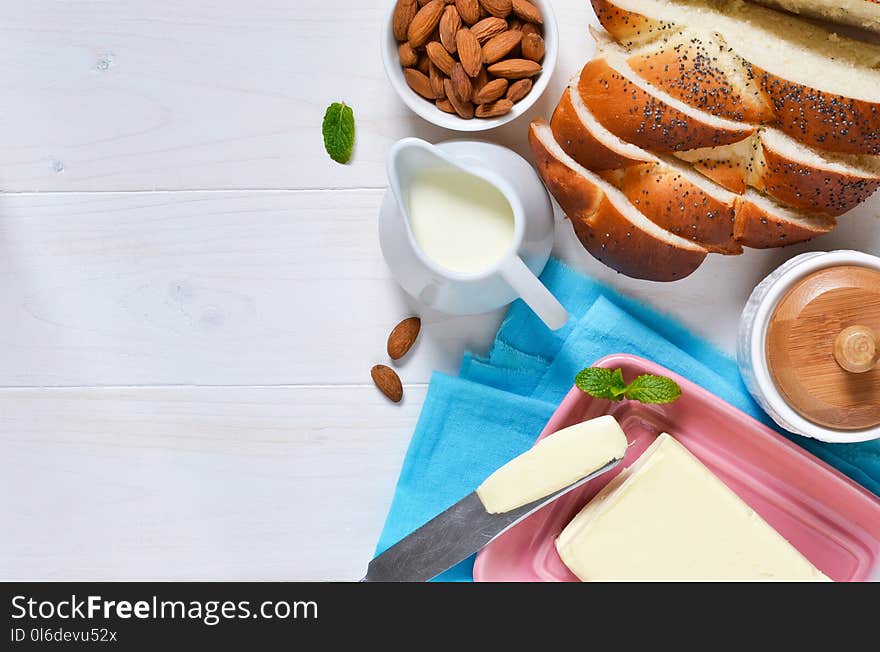 Food background with ingredients for breakfast.