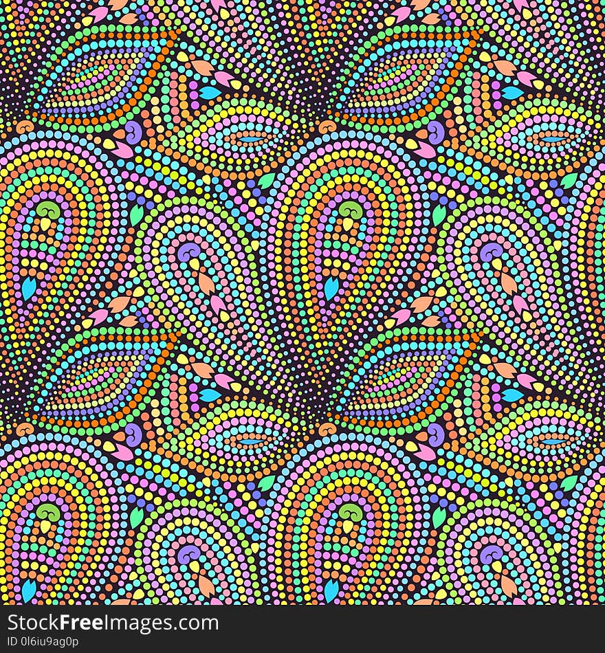 Colorful seamless pattern with paisley and dots.