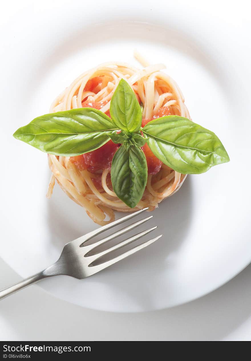 Dish with spaghetti and tomato sauce on white background. Dish with spaghetti and tomato sauce on white background