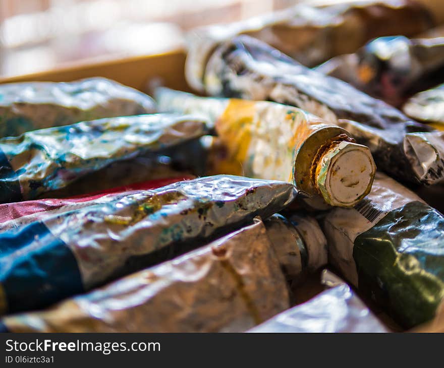 Close up of used oil paint tubes