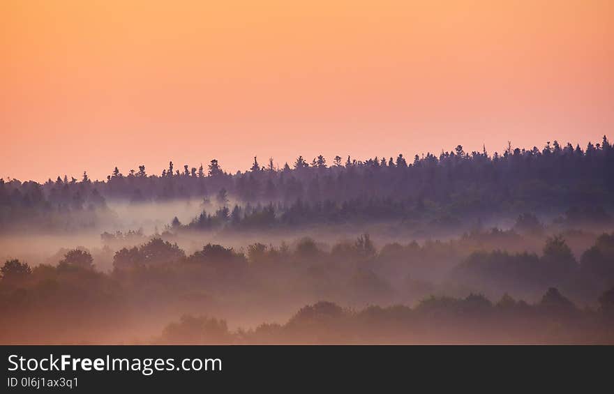 Misty morning of hilly area with ray of light.