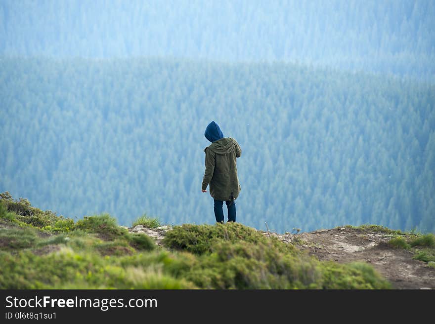 Person in Green Jacket Standing on Cliff