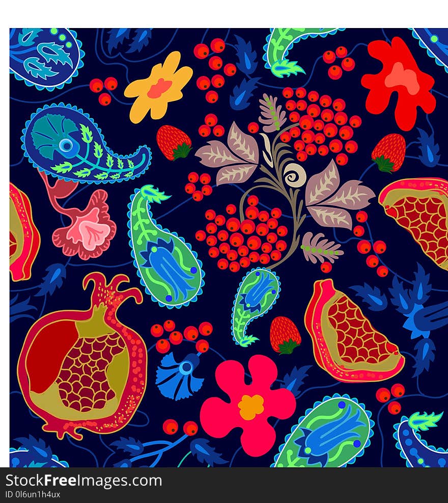 Seamless vector pattern with red pomegranates, flowers and berries on blue background. Folk art style print with Turkish motifs. Seamless vector pattern with red pomegranates, flowers and berries on blue background. Folk art style print with Turkish motifs.