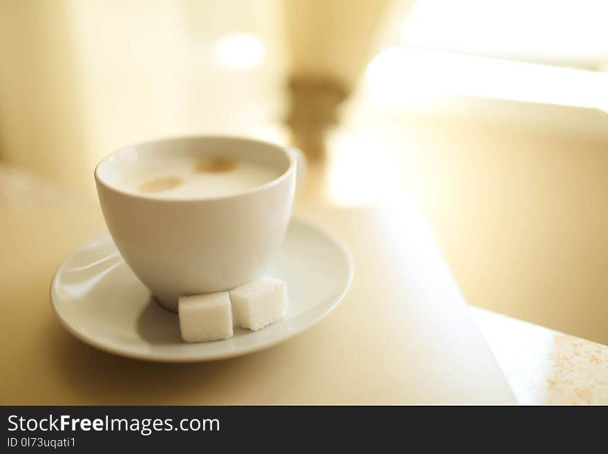 Cup Of Cappuccino On The Table, Coffee Shop Background. Marble Texture