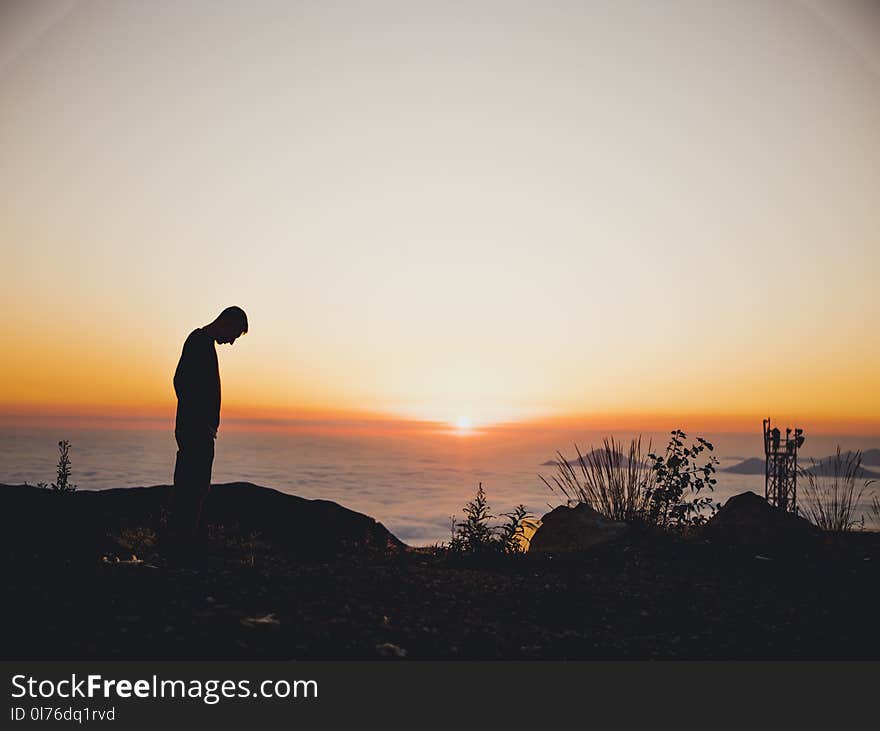 Silhouette of Man Standing Near Sea during Golden Hour