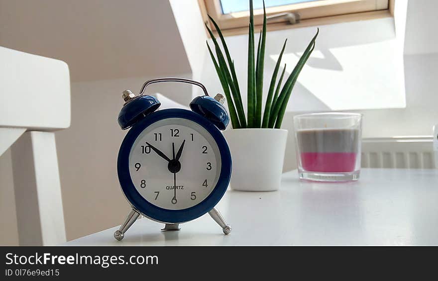 Round Blue Alarm Clock With Bell on White Table Near Snake Plant