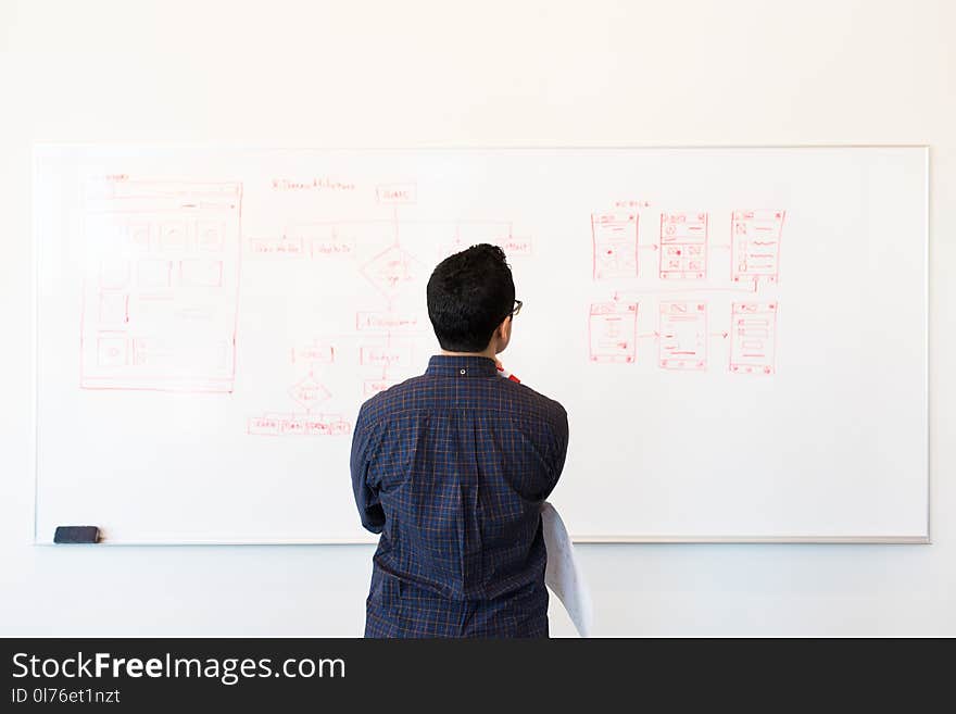 Man Wearing Blue Dress Shirt Facing Whiteboard