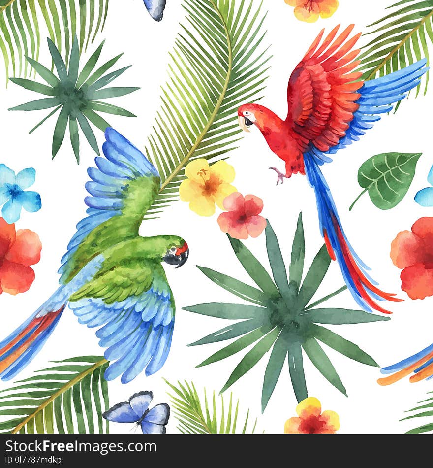 Watercolor vector seamless pattern with parrots, tropical leaves and flowers isolated on white background. Illustration for design textiles, greeting cards, decor.