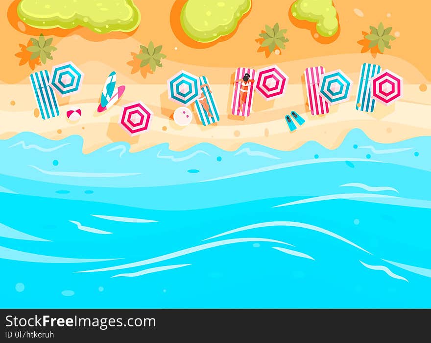 People swim and sunbathe. Top view beach background with umbrellas, swim ring,sunglasses, surfboard