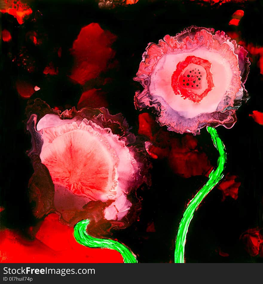 Stunning alcohol ink red poppies with detail of the chemical reactions occurring in the painting. Stunning alcohol ink red poppies with detail of the chemical reactions occurring in the painting.