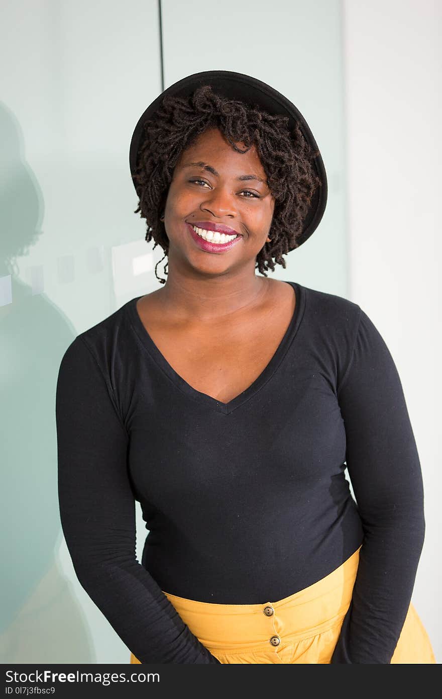 Woman Wearing Black V-neck Long-sleeved Shirt