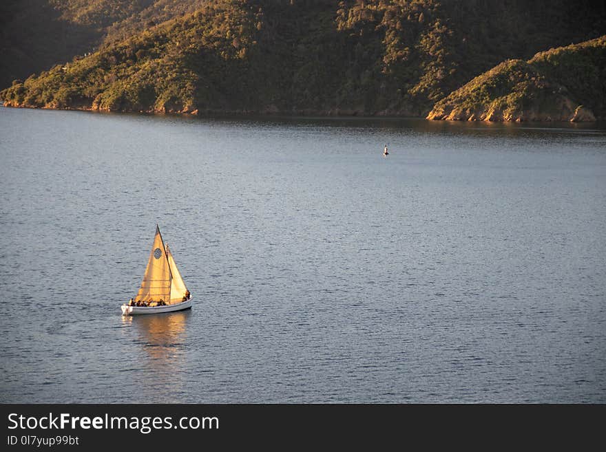 White Sail Boat on Water Near Land