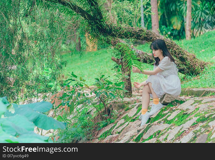 Photography of Woman Sitting On Rock