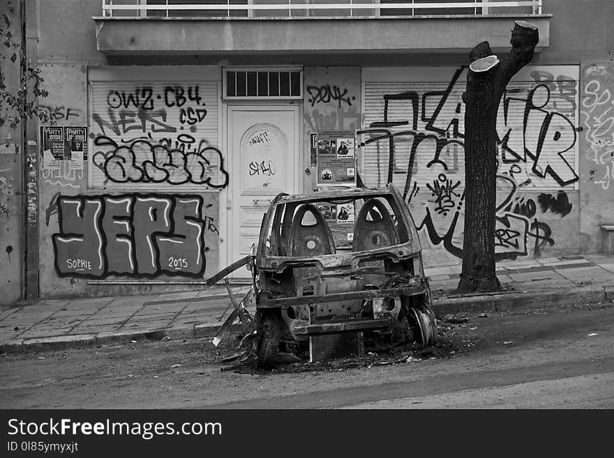 Car, Black And White, Wall, Road