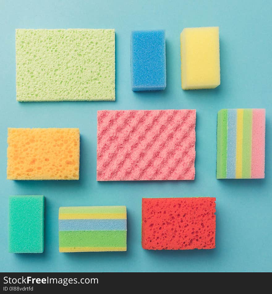 top view of background with colorful washing sponges