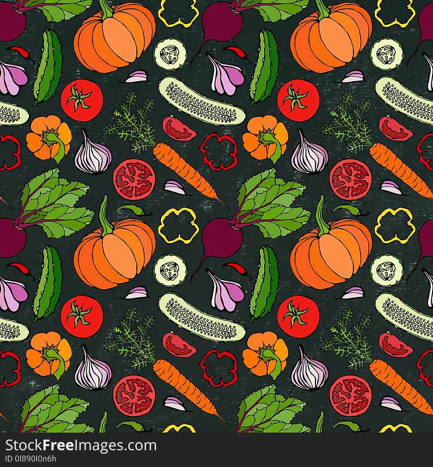 Vegetable Seamless Pattern With Cucumbers, Red Tomatoes, Bell Pepper, Beet, Carrot, Onion, Garlic, Chilli, Pumpkine. FoodHand Draw