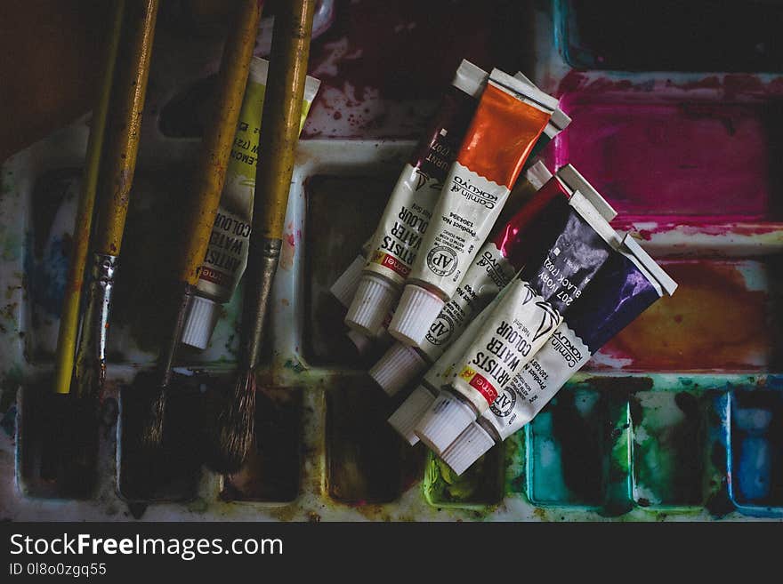 Photo of Acrylic Paint Soft-tubes Beside Paintbrushes