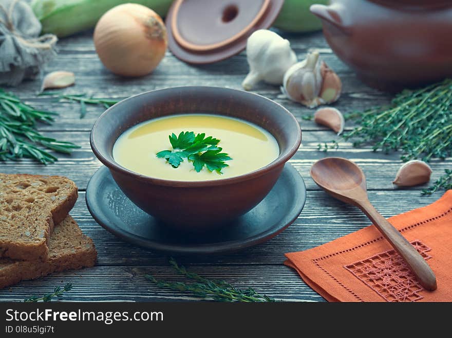 Rural still life with a plate of lentil soup. Rural still life with a plate of lentil soup