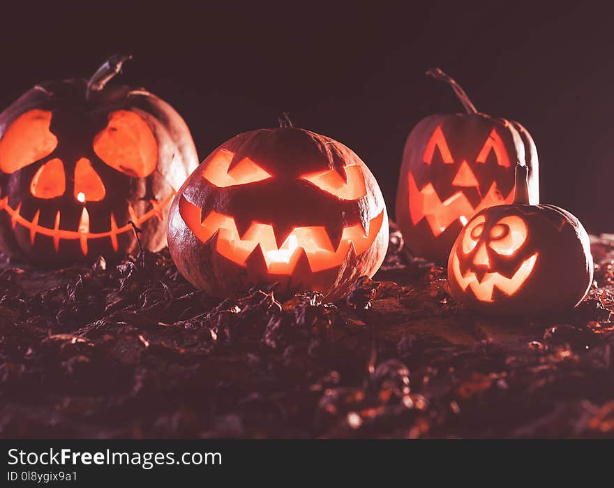 Halloween pumpkins at wood background.