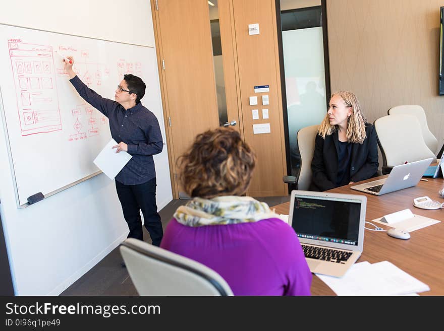 Man Wearing Black Button-up Long-sleeved Writing of Board