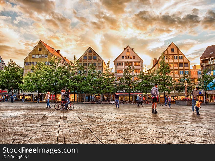 People on Concrete Pavement With Houses and Trees in Background