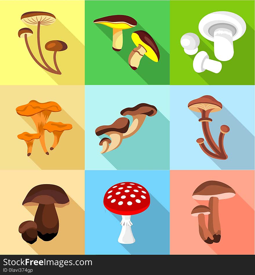 Edible and inedible mushroom icons set. Flat set of 9 edible and inedible mushroom vector icons for web with long shadow. Edible and inedible mushroom icons set. Flat set of 9 edible and inedible mushroom vector icons for web with long shadow