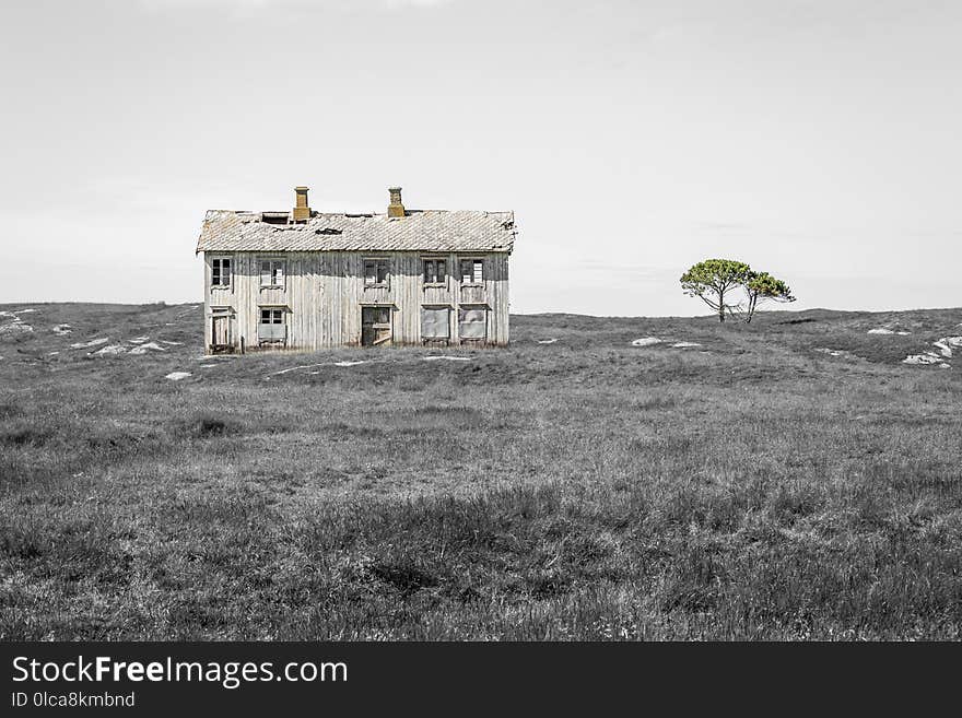 Sky, Black And White, House, Shack