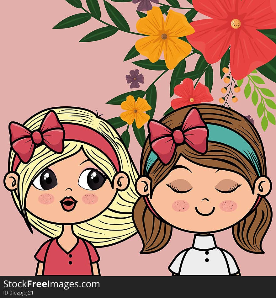 Cute girls couple characters with floral decoration frame vector illustration