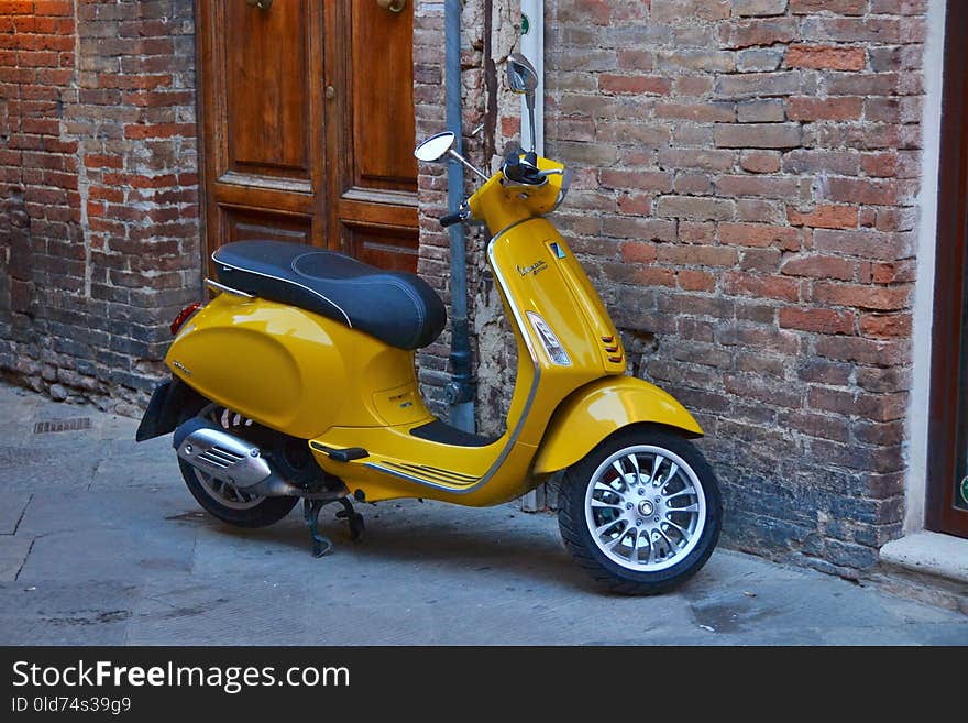 Scooter, Motor Vehicle, Yellow, Vespa