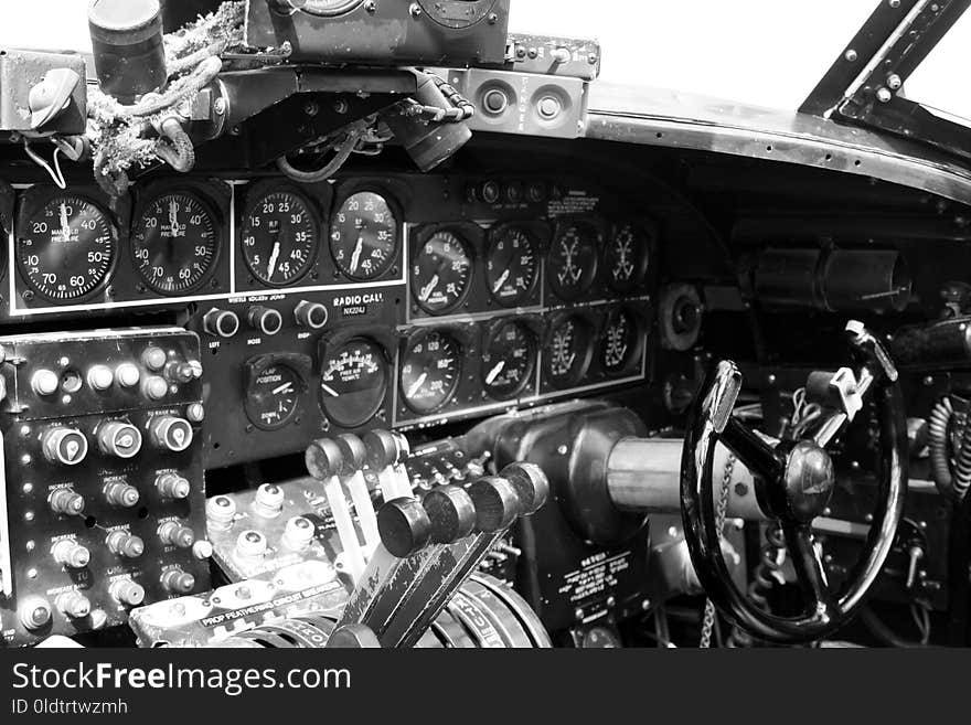 Motor Vehicle, Cockpit, Black And White, Engine