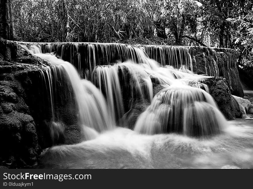 Water, Waterfall, Nature, Black And White