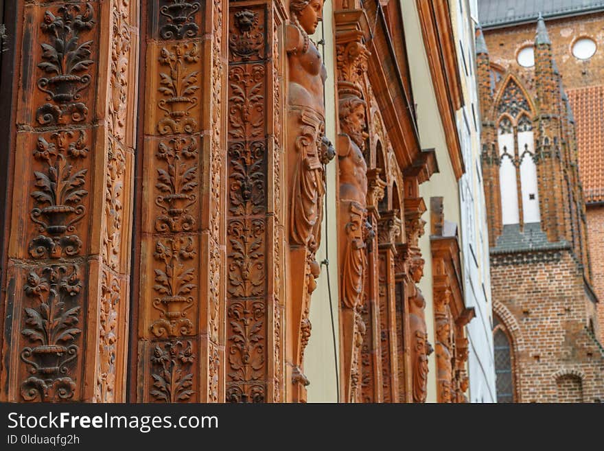 Column, Wood, Facade, Door