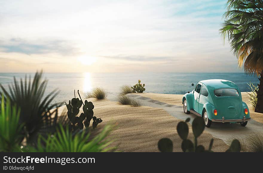 Vintage car on the beach with sunset, 3d render illustration