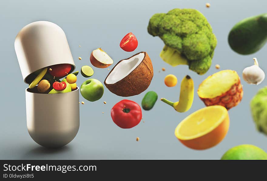 Fruits and vegetables come out of tablet, vitamins, 3d render illustration