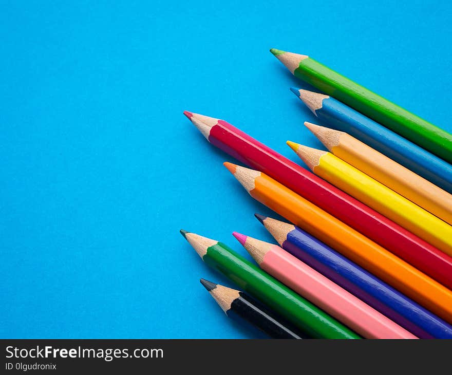 Closeup color pencils isolated on blue paper background. Education, Back to school Concept.