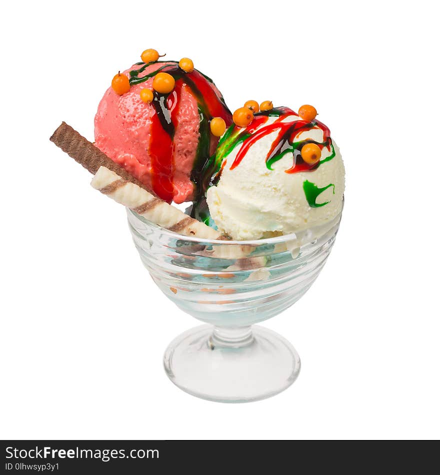 Sundae ice cream with wafwe rolls in a glass. Sundae ice cream with wafwe rolls in a glass