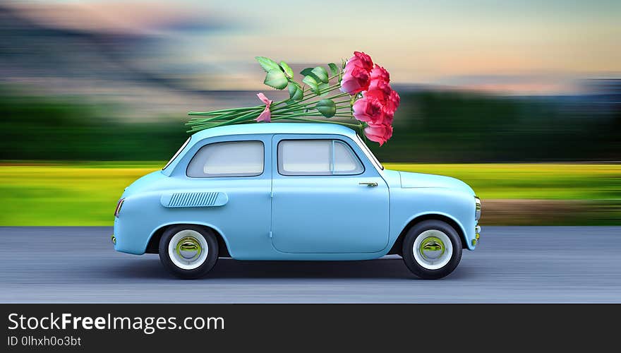 Car carrying bouquet of flowers 3d render