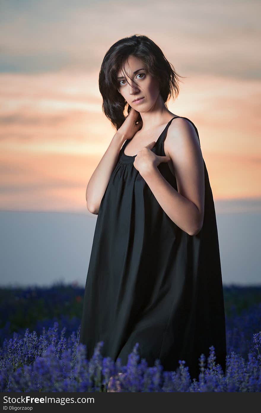 Growth portrait of a beautiful brunette in a black dress in a lavender field. Vertically framed shot.