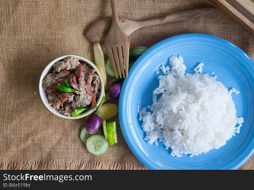 Soft cooked rice Thai Jasmine rice served with stew crab dip. Soft cooked rice Thai Jasmine rice served with stew crab dip