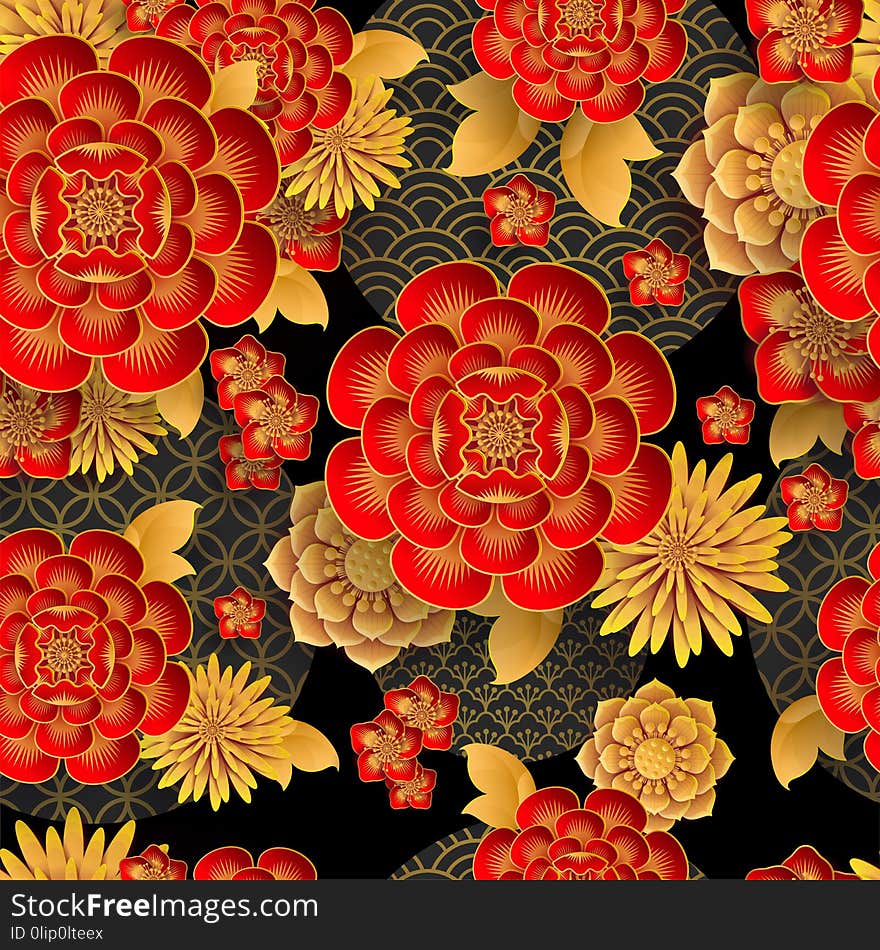 Seamless pattern with Japanese, chinese and asian elements.