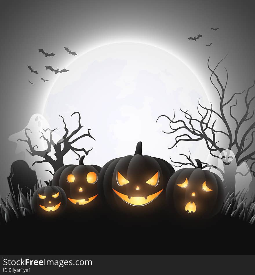 Illustration of Cartoon Halloween pumpkins with white ghost