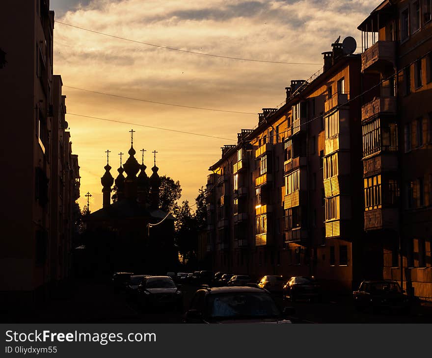 Silhouette of a church against the background of a rising sun. Silhouette of a church against the background of a rising sun