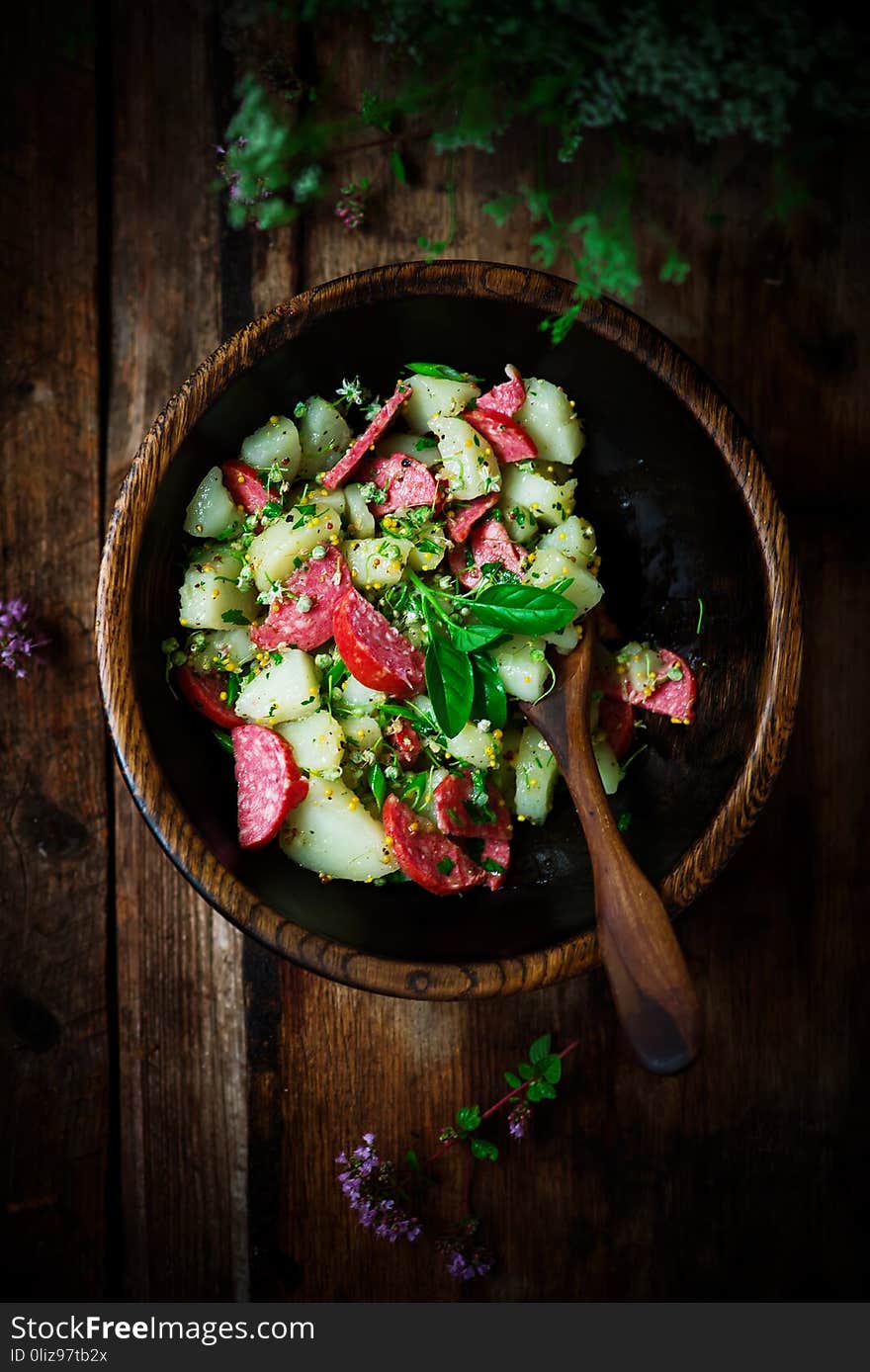 Italian potato and salami salad.style rustic