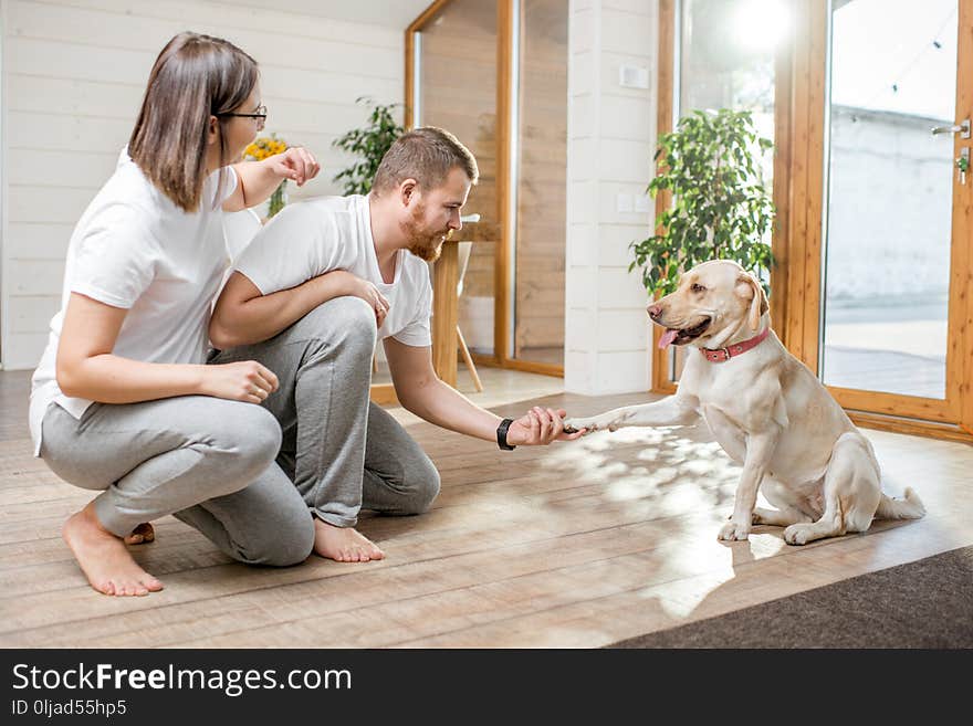 Young lovely couple in white t-shirts playing with their dog sitting on the floor in the house. Young lovely couple in white t-shirts playing with their dog sitting on the floor in the house