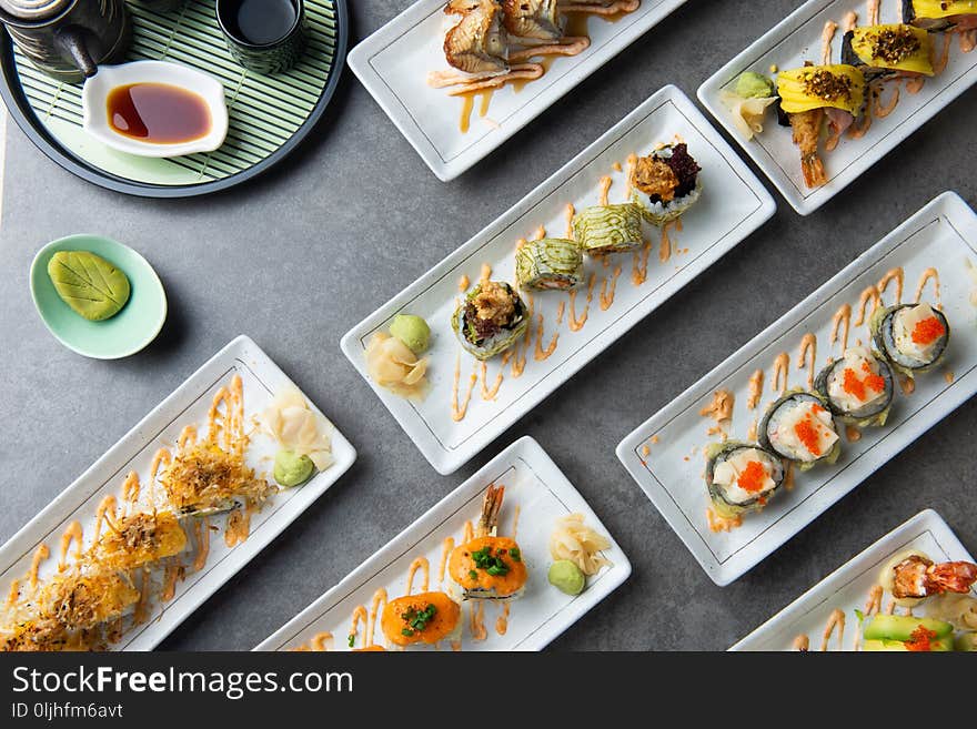 Various sushi roll flat lay shot in restaurant